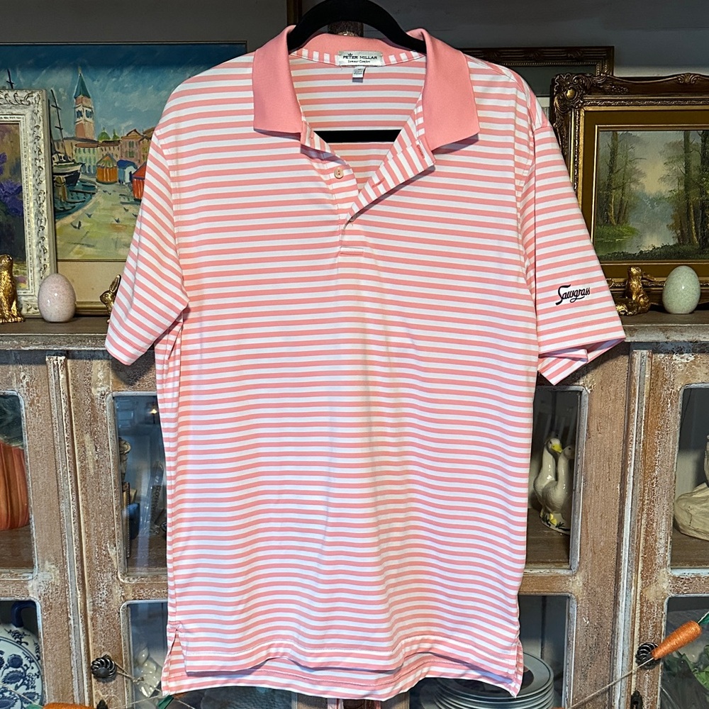 Peter Millar Pink and White Striped Polo Sawgrass